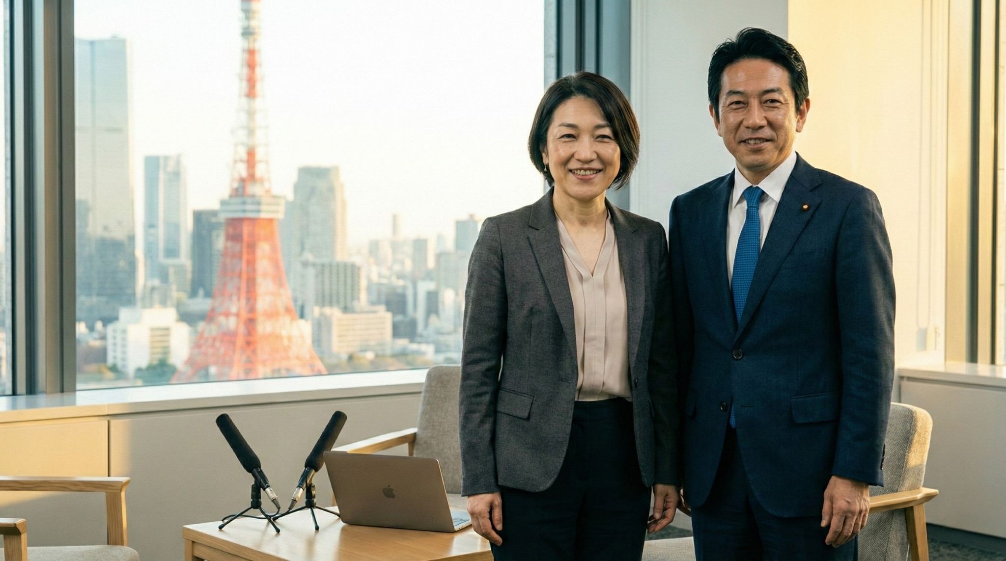 株式会社Hitotechnology神谷亮氏と採用アナリスト一ノ瀬真理子氏。東京タワーを背景にした取材後の記念撮影