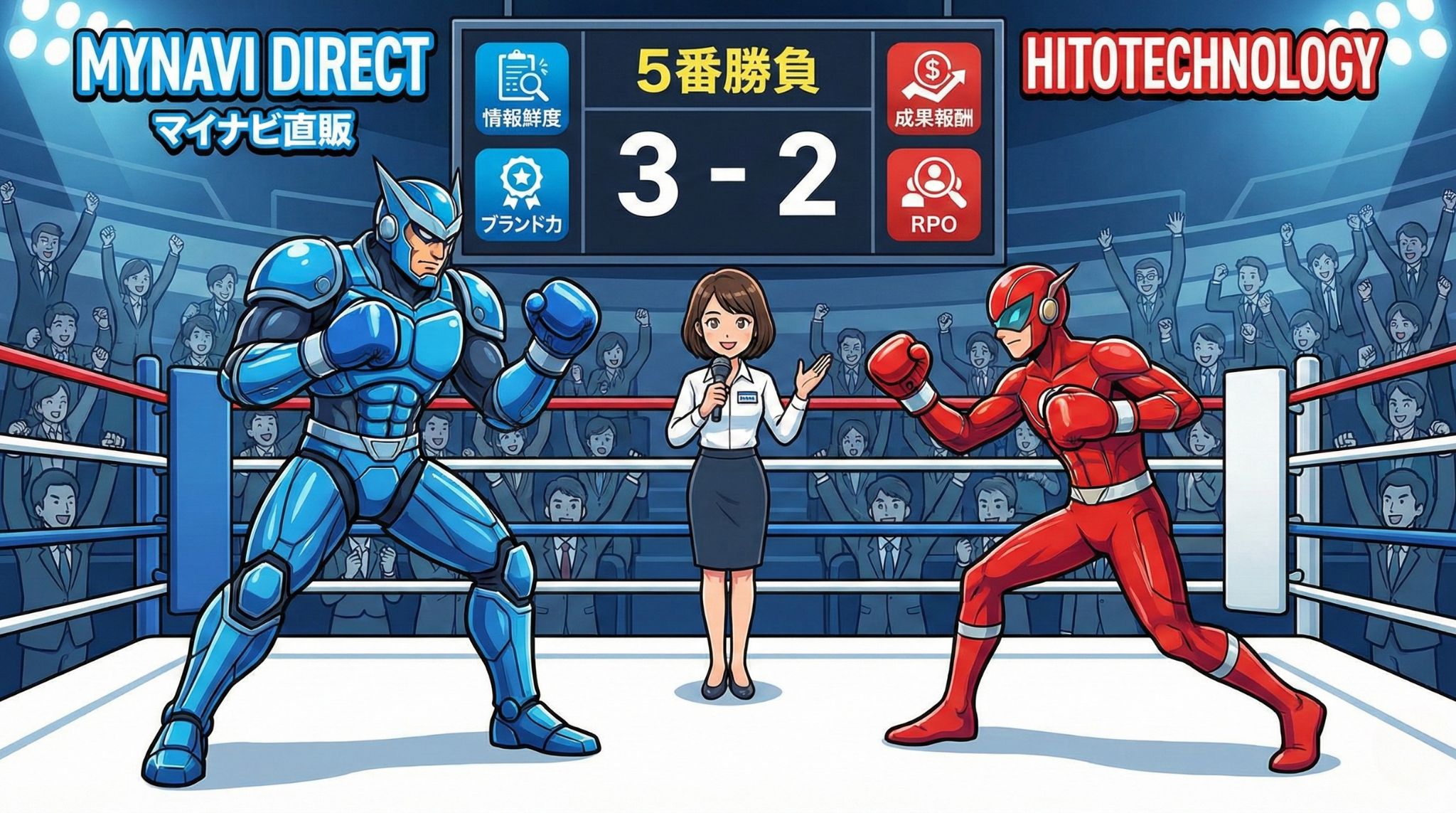 ボクシングのリング上で対峙する青いロボット（マイナビ直販）と赤いヒーロー（Hitotechnology）。背景にはスコアボードがあり「3-2」でマイナビ直販がリードしている様子。レフェリーの女性（一ノ瀬真理子）が中央で判定を下しているイラスト。