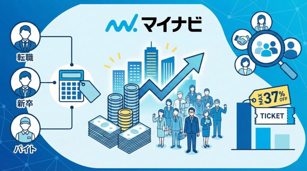 マイナビ転職・新卒・バイトの料金プラン比較とコスト削減イメージ。ビジネスパーソンのイラストと上昇するグラフ、チケット活用で最大37%OFFになることを示す図解。マイナビブルーを基調としたデザイン。