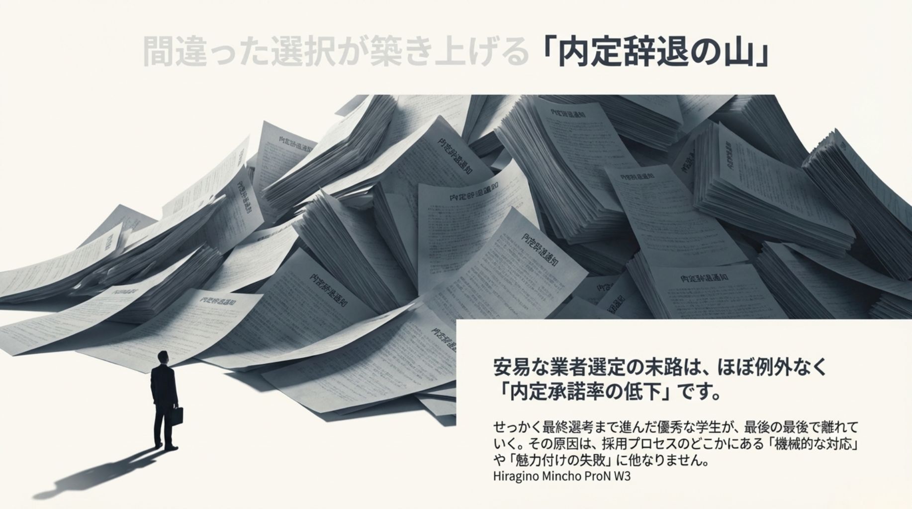 安易な業者選定の末路は「内定承諾率の低下」であるという図解。機械的な対応が学生の離脱を招くメカニズム。