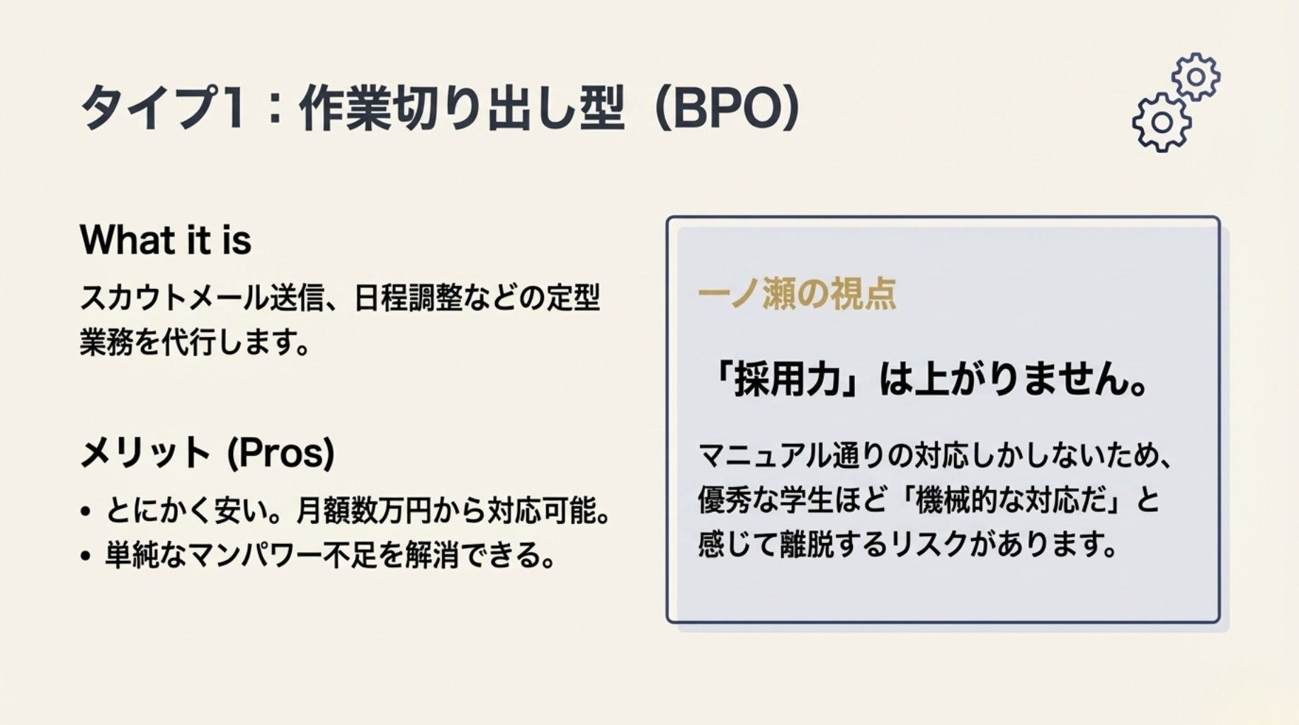 タイプ1：作業切り出し型（BPO）の特徴。月額費用は安いが、マニュアル通りの対応で採用力が上がらないデメリットについての解説。