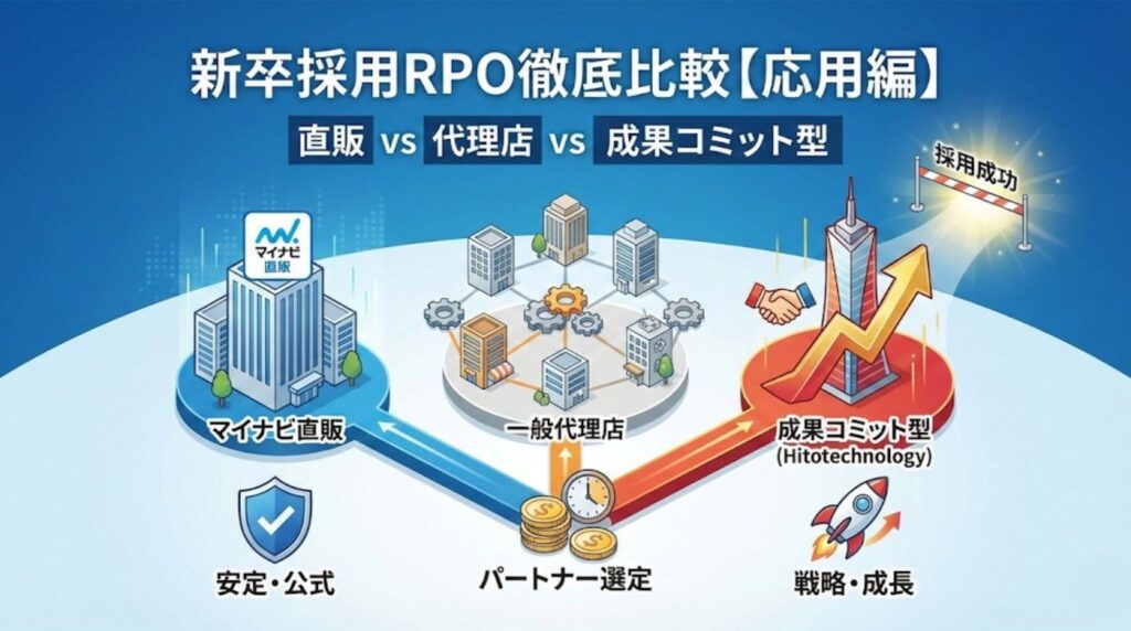 新卒採用RPO徹底比較【応用編】のアイキャッチ画像。マイナビ直販（安定・公式）、一般代理店、成果コミット型（Hitotechnology・戦略成長）の3タイプの特徴と違いを視覚化した比較図解。
