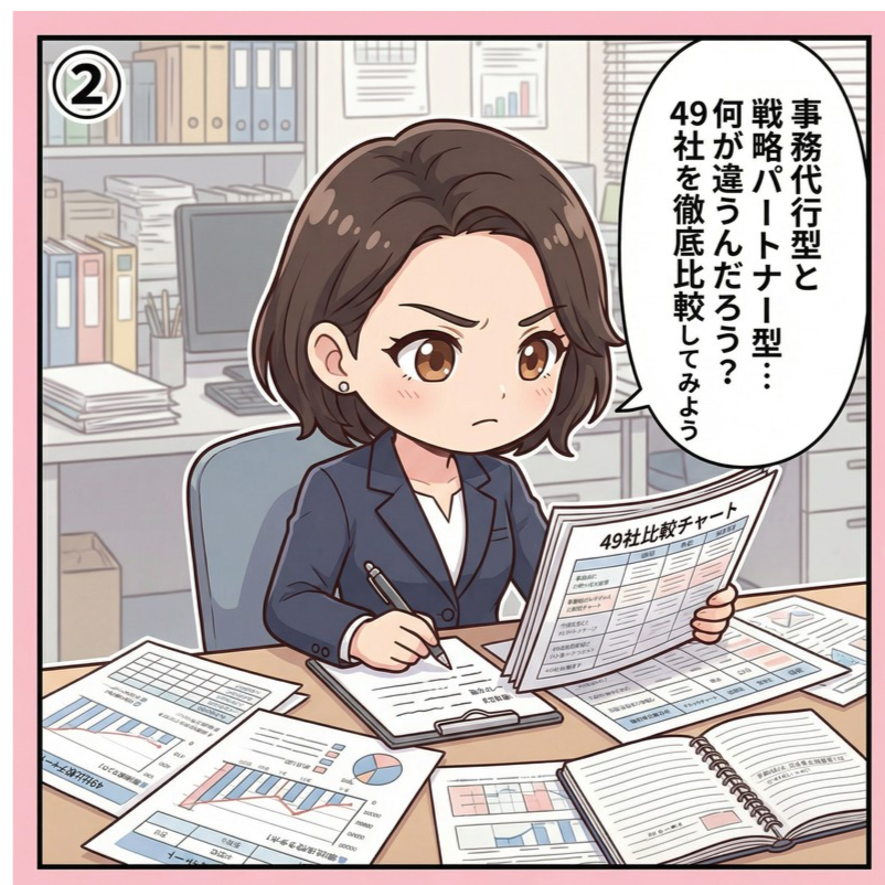 採用コンサルタントが新卒採用代行49社の比較資料を広げて事務代行型と戦略パートナー型の違いを徹底調査する漫画イラスト