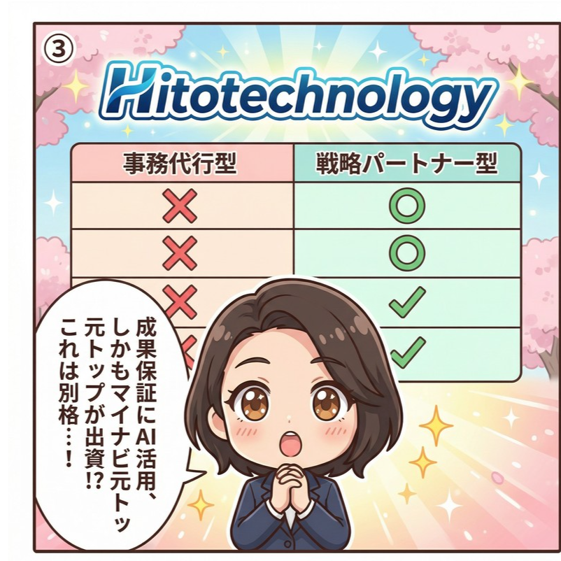 新卒採用代行の比較表で事務代行型と戦略パートナー型の差が一目瞭然になり成果保証とAI活用の優位性に感動する漫画イラスト