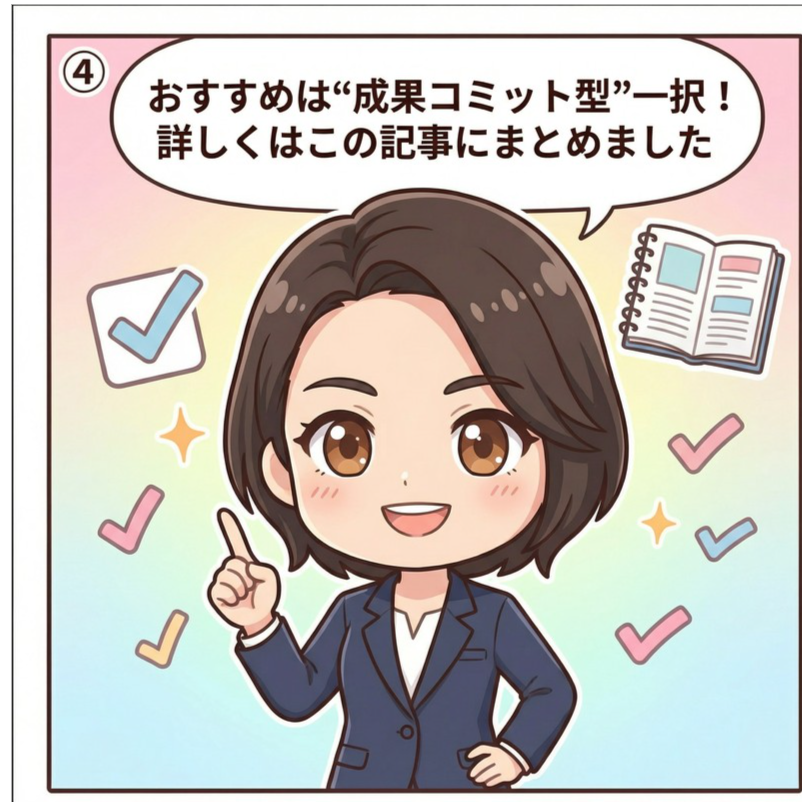 採用コンサルタントが新卒採用代行のおすすめは成果コミット型一択と結論づけ記事にまとめたことを伝える漫画イラスト