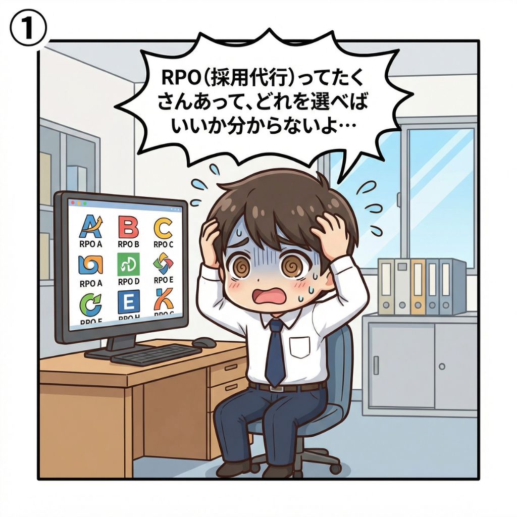 採用担当者がRPO（採用代行）サービスの多さに頭を抱えて悩む漫画イラスト