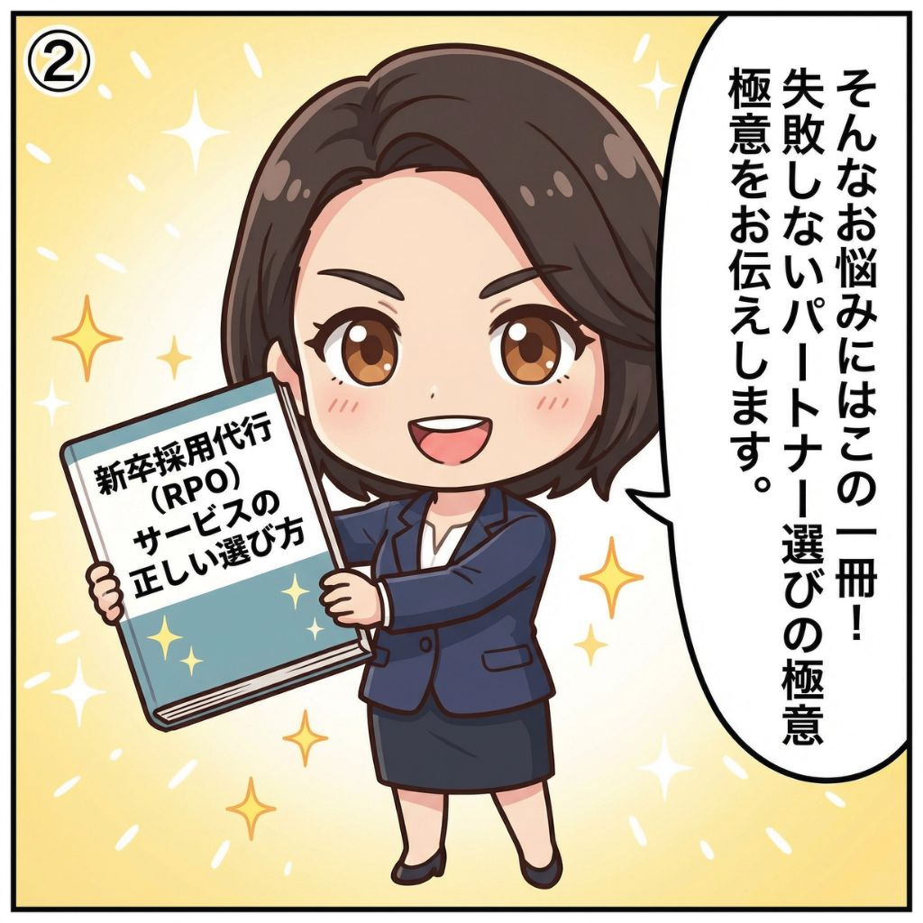 採用戦略アナリストが著書「新卒採用代行（RPO）サービスの正しい選び方」を手に失敗しないパートナー選びを伝える漫画イラスト