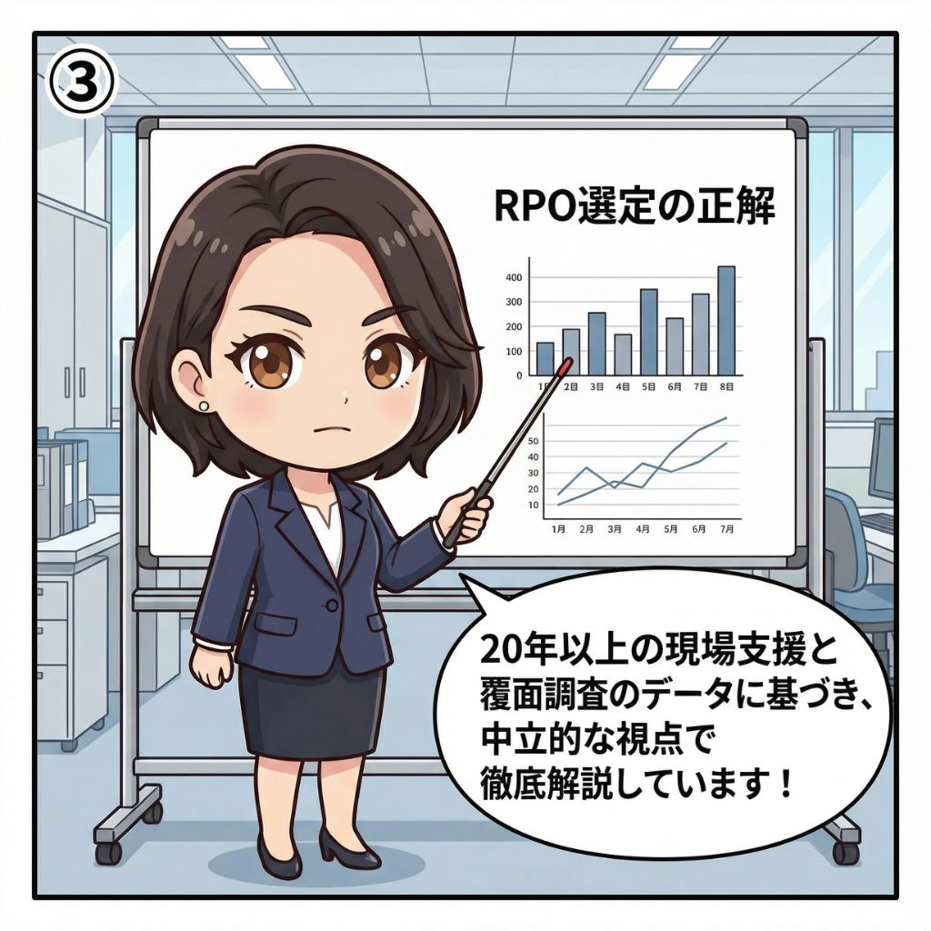 採用戦略アナリストが20年以上の現場支援と覆面調査データに基づきRPO選定の正解をホワイトボードで解説する漫画イラスト