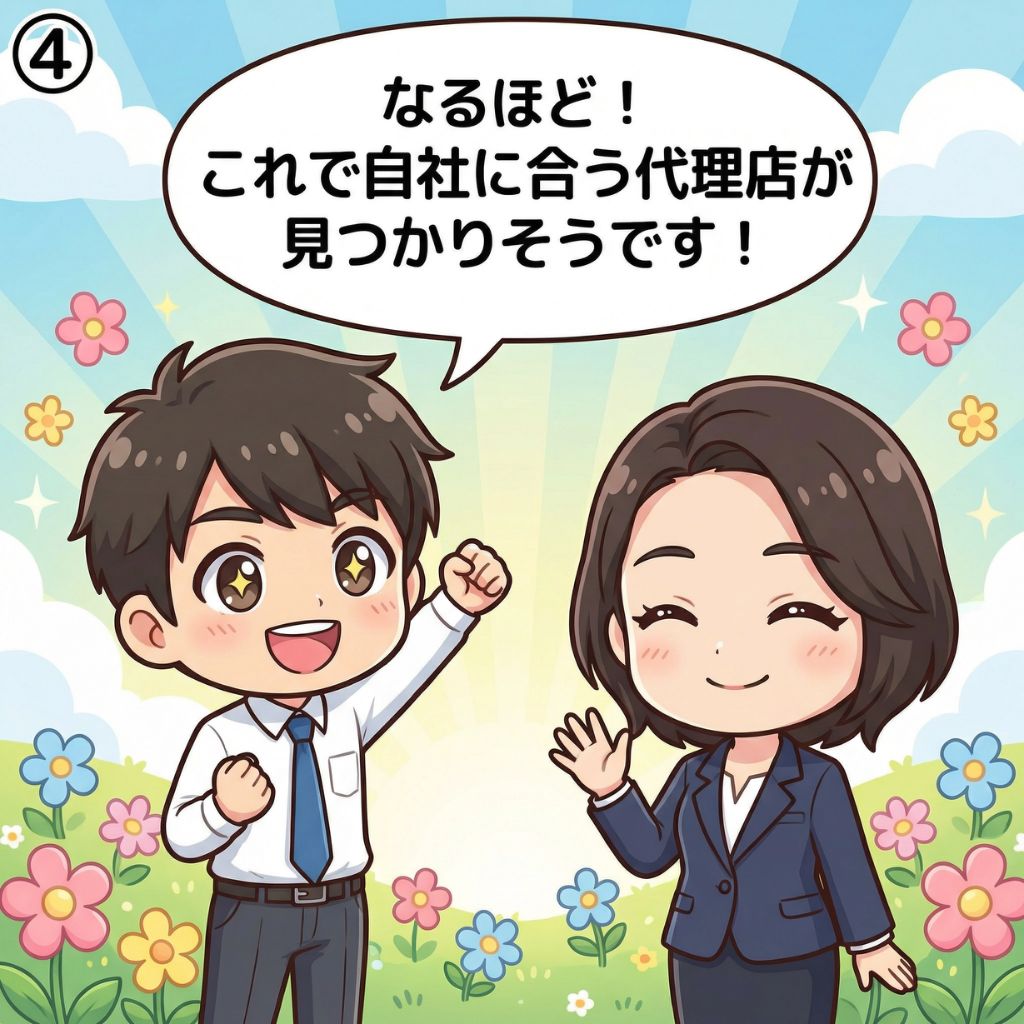 採用担当者が自社に合うマイナビ代理店が見つかりそうだと喜ぶ採用戦略アナリストとの漫画イラスト