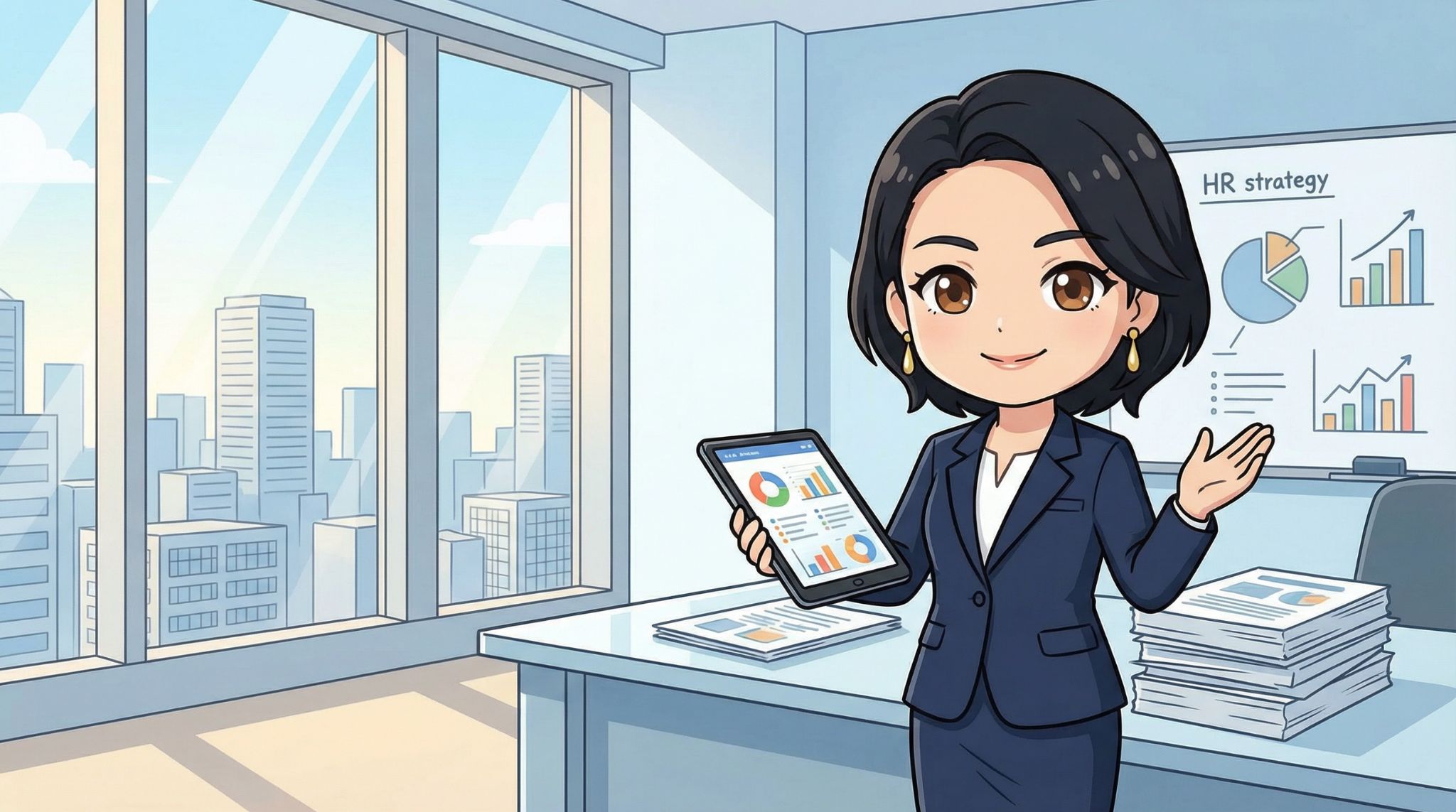採用戦略アナリストがオフィスでタブレットのデータを示しながら採用戦略を解説する2Dイラスト｜マイナビ代理店比較・採用戦略アナリスト一ノ瀬真理子プロフィール
